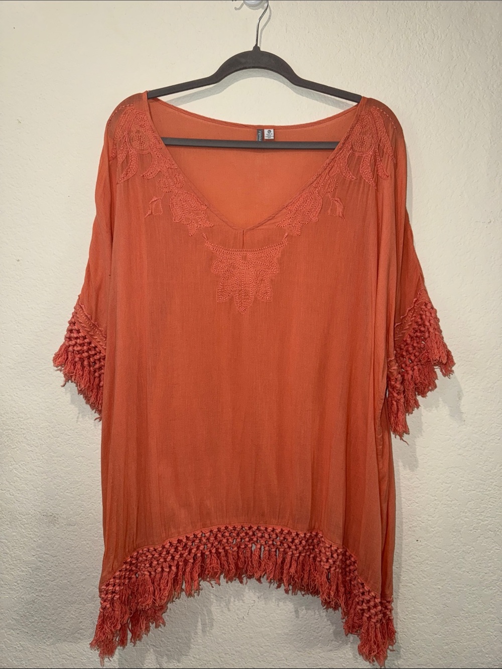 Rip Curl Burnt Orange Crochet-Trim Peasant Top